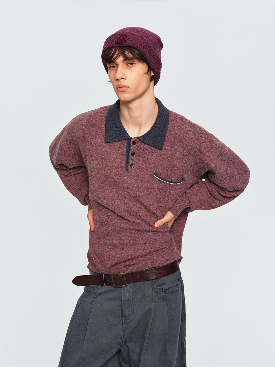 MADWITCH MARLED CONTRAST-COLLAR POLO SWEATER #AW26823