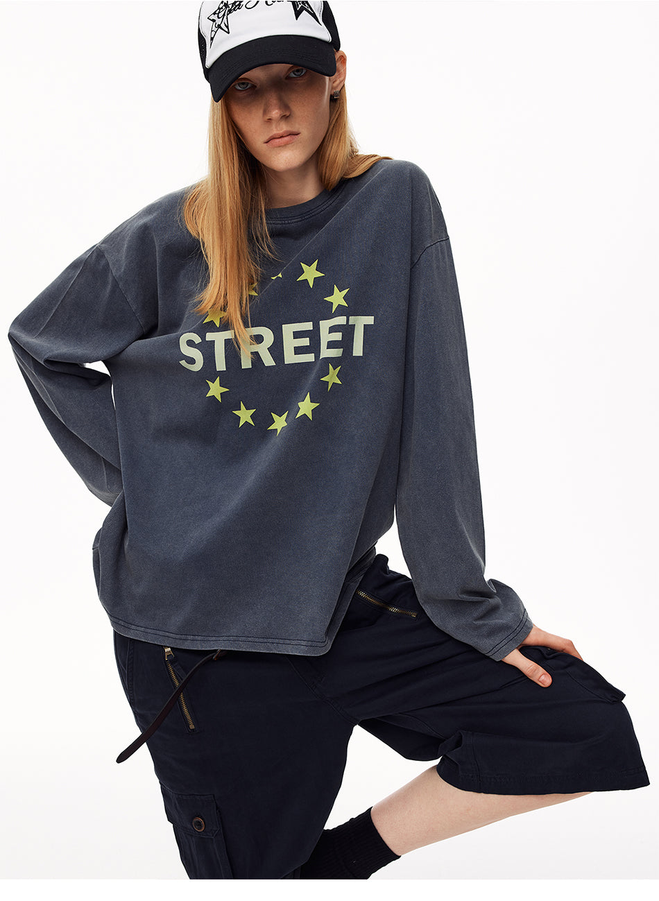 MADWITCH STREETWEAR DISTRESSED STAR-PRINT LONG-SLEEVE T-SHIRT #N2193