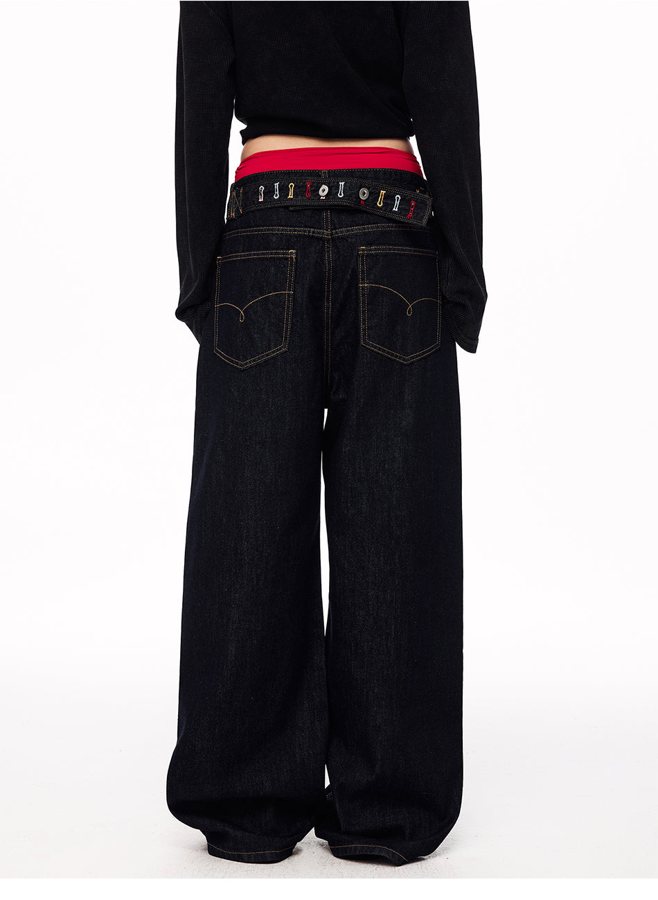 MADWITCH EMBROIDERED BACK-WAIST WIDE-LEG JEANS #WHOA158