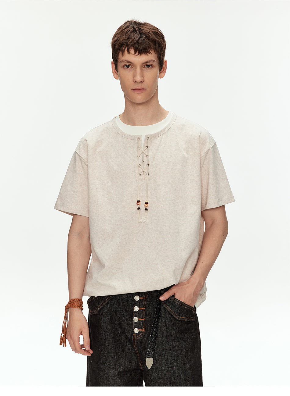 MADWITCH HENLEY NECK BEADED T SHIRT #991262