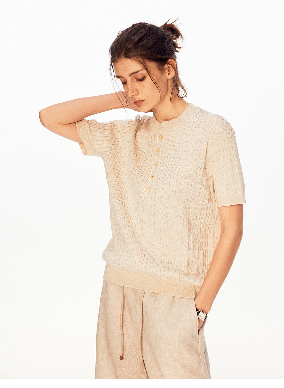 MADWITCH RIBBED HENLEY LINEN TEE #96006