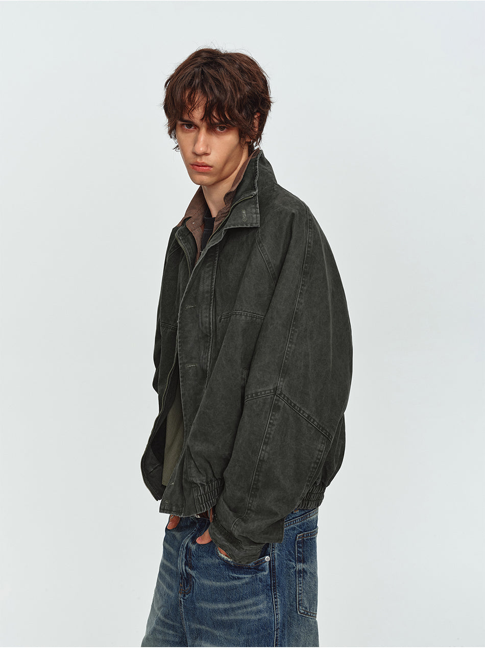 MADWITCH WASHED STAND-COLLAR RIBBED-HEM JACKET #AW26608