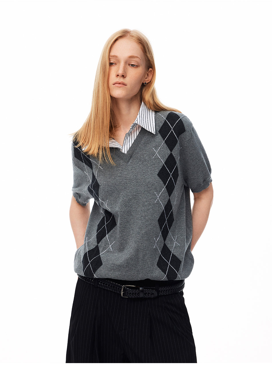 MADWITCH PREPPY ARGENTINA V-NECK SHIRT COLLAR KNIT TEE #991330