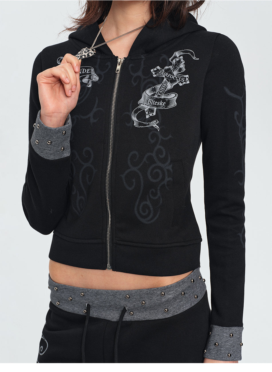 MADWITCH STUDDED SCROLL-PRINT HOODIE CARDIGAN #L2026544