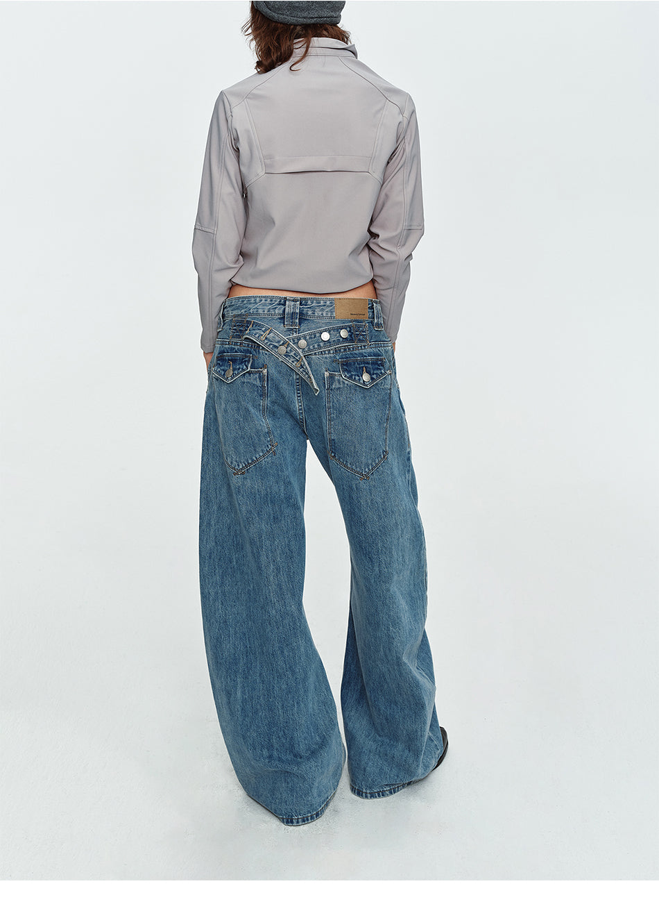 MADWITCH CINCH-BACK LIGHT-WASH CURVED-LEG JEANS #G60081