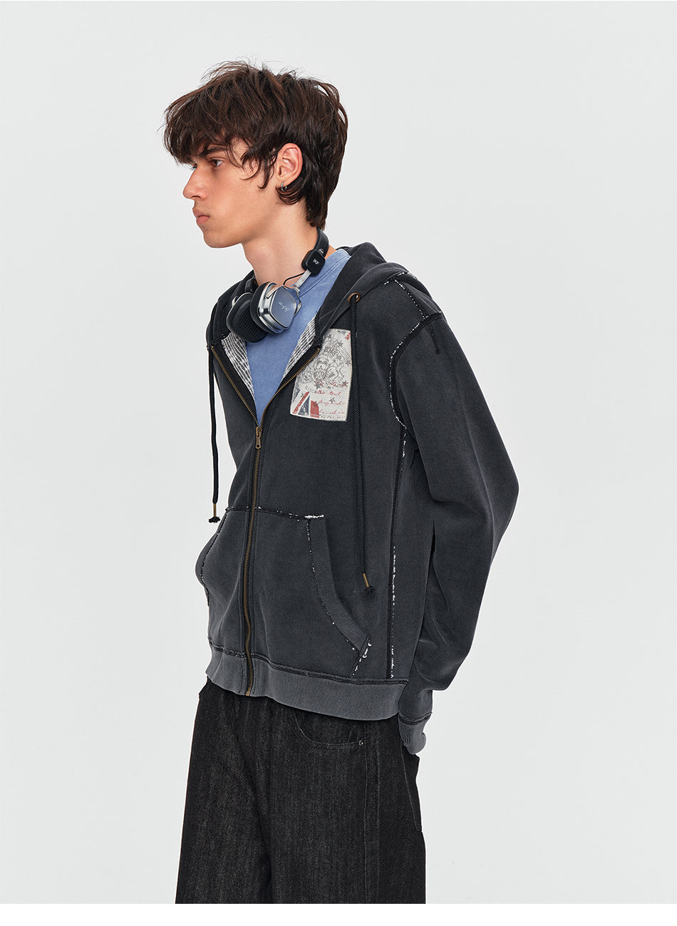 MADWITCH WASHED GRAPHIC-PATCH CROPPED ZIP HOODIE #2606WT5096