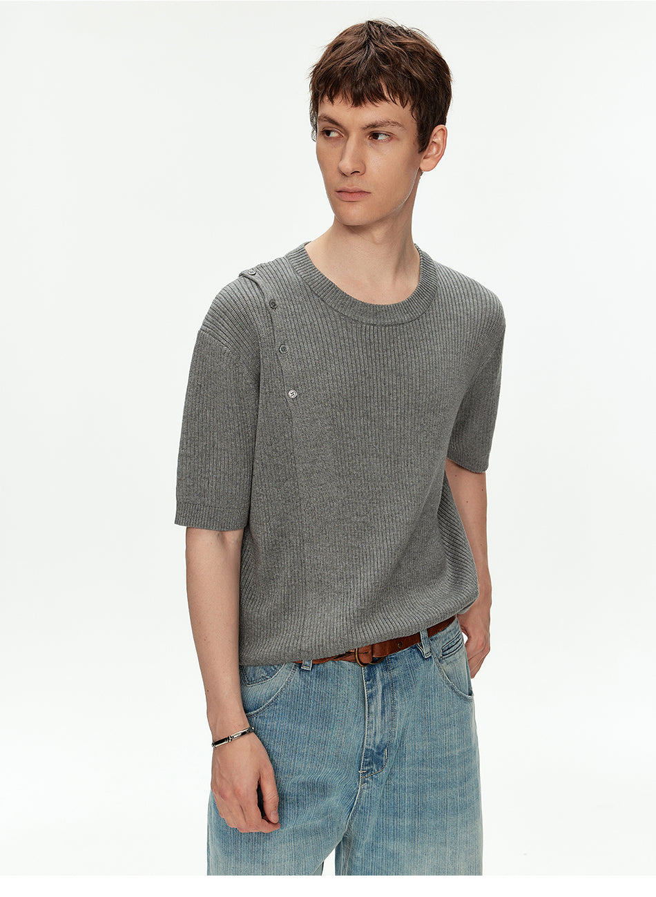 MADWITCH ASYMMETRIC BUTTON RIBBED KNIT TEE #MY26503