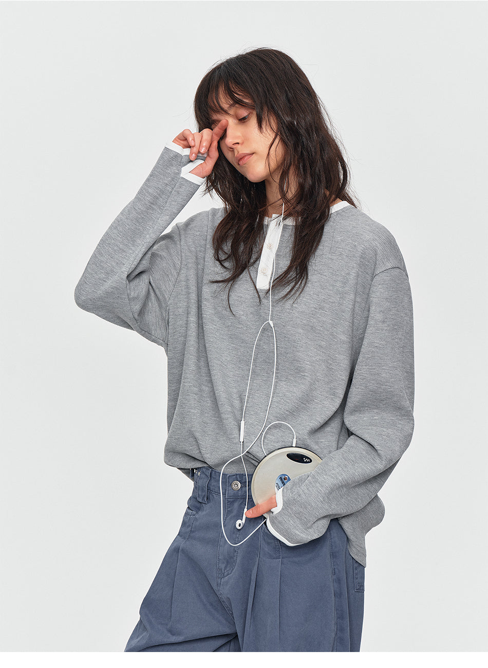 MADWITCH THUMB-HOLE CONTRAST WAFFLE HENLEY SHIRT #RT108