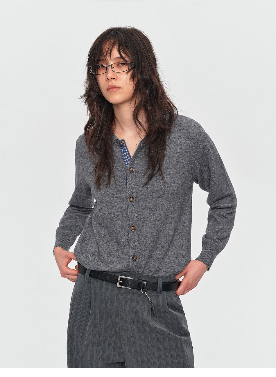 MADWITCH CONTRAST-PLACKET PLAID WOOL-BLEND CARDIGAN #11888