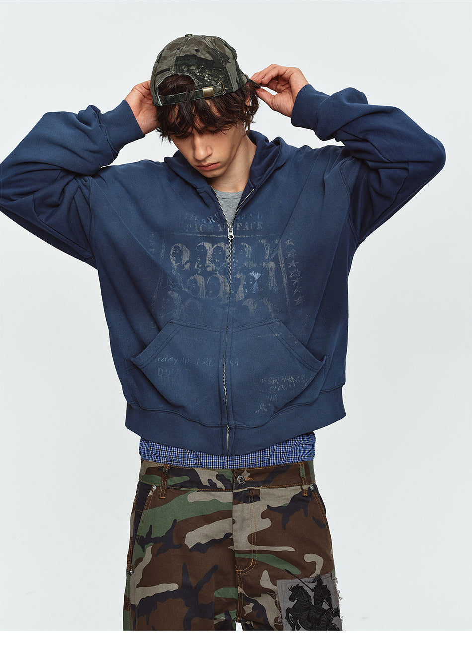MADWITCH WASHED DISTRESSED PORTRAIT-GRAPHIC OVERSIZED ZIP HOODIE #27590