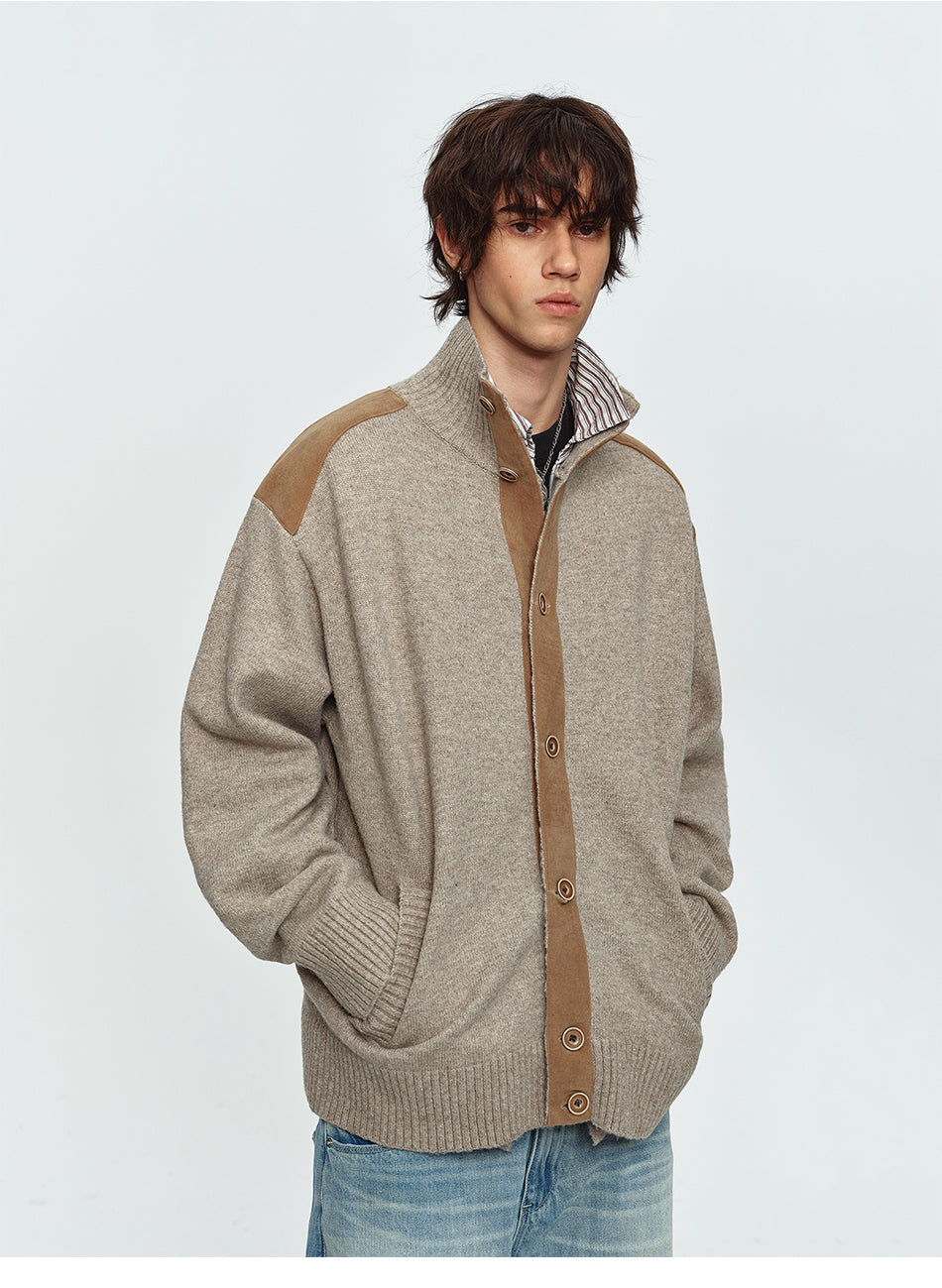 MADWITCH FAUX-SUEDE PANEL STAND-COLLAR KNIT CARDIGAN #991523