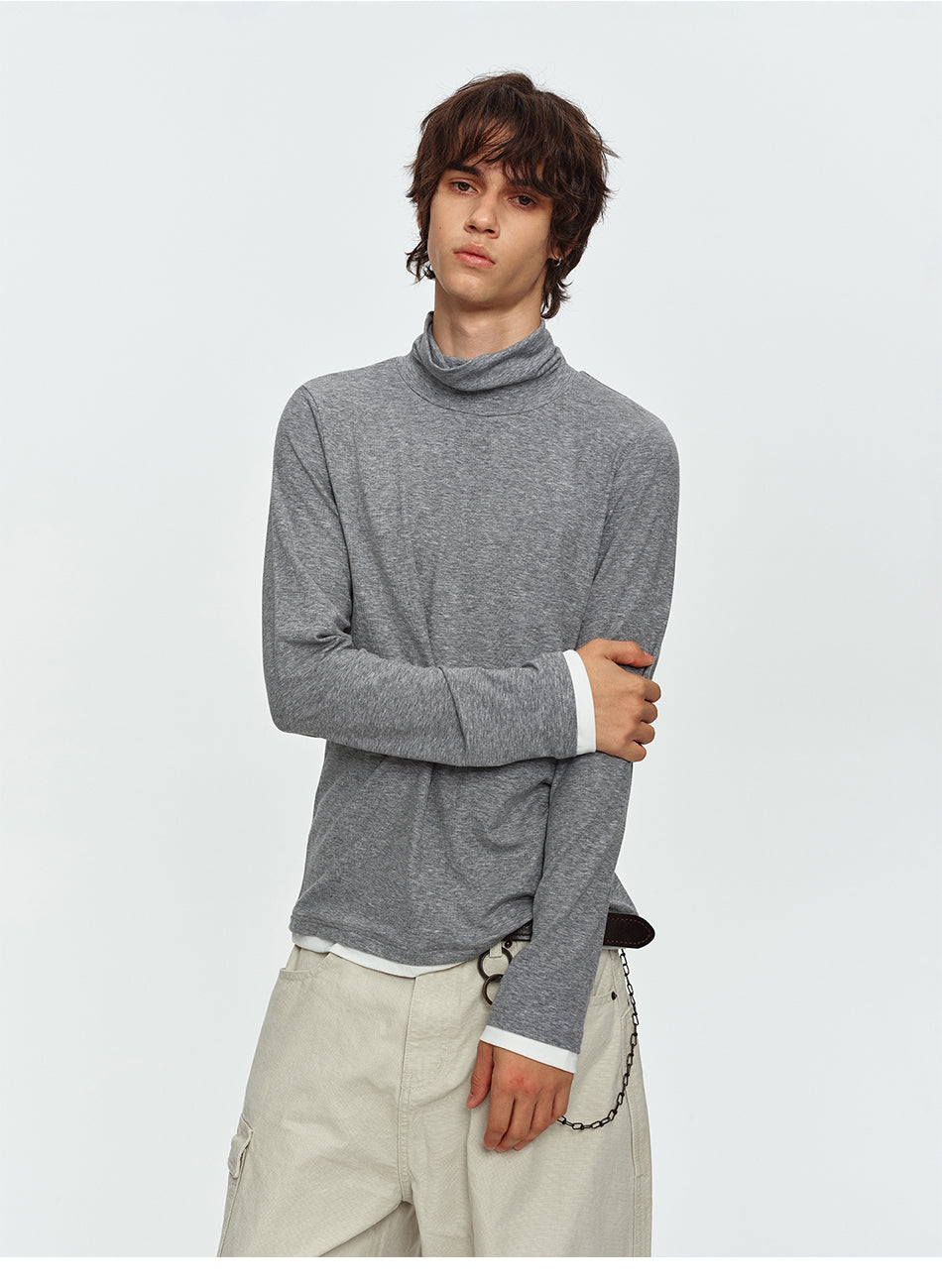 MADWITCH CONTRAST-LAYERED LYOCELL HIGH-NECK SLIM-FIT LONGSLEEVE TEE #AW26144