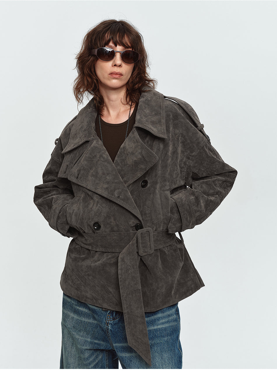 MADWITCH DOUBLE-BREASTED CINCHED DISTRESSED FAUX-SUEDE JACKET #2026325