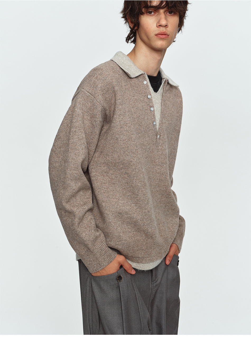 MADWITCH LAYERED CONTRAST-COLLAR BUTTON-PLACKET POLO SWEATER #68562