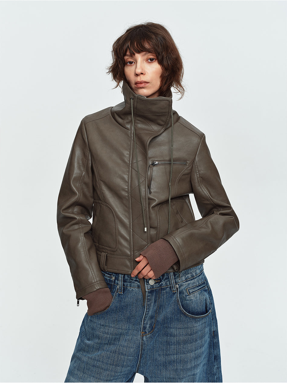 MADWITCH ASYMMETRIC-ZIP HIGH-COLLAR CROPPED FAUX-LEATHER BIKER JACKET #L2026611