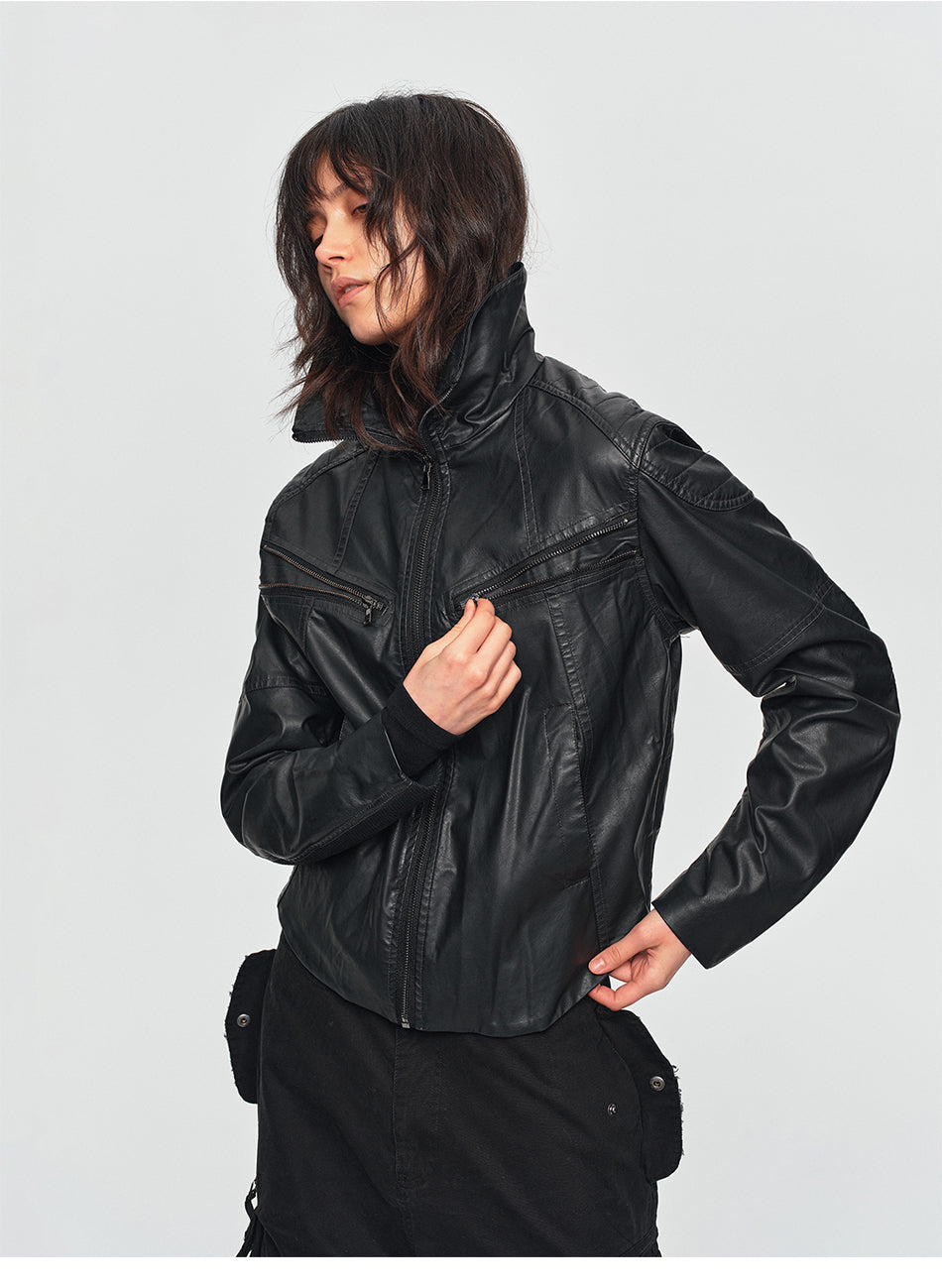 MADWITCH DISTRESSED MULTI-ZIP STAND-COLLAR LEATHER MOTO JACKET #251623
