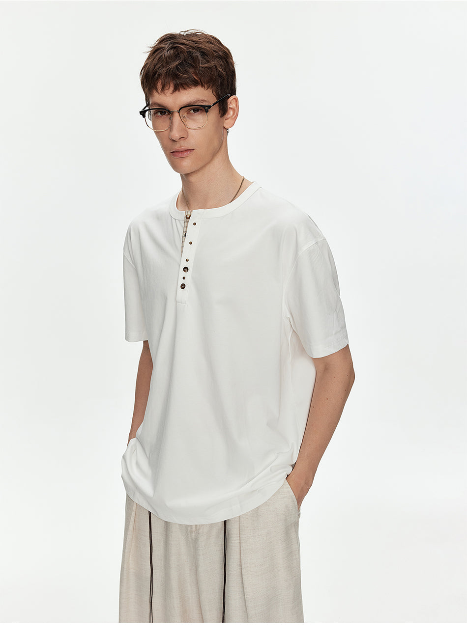 MADWITCH HENLEY NECK PLAID PLACKET TEE #991336