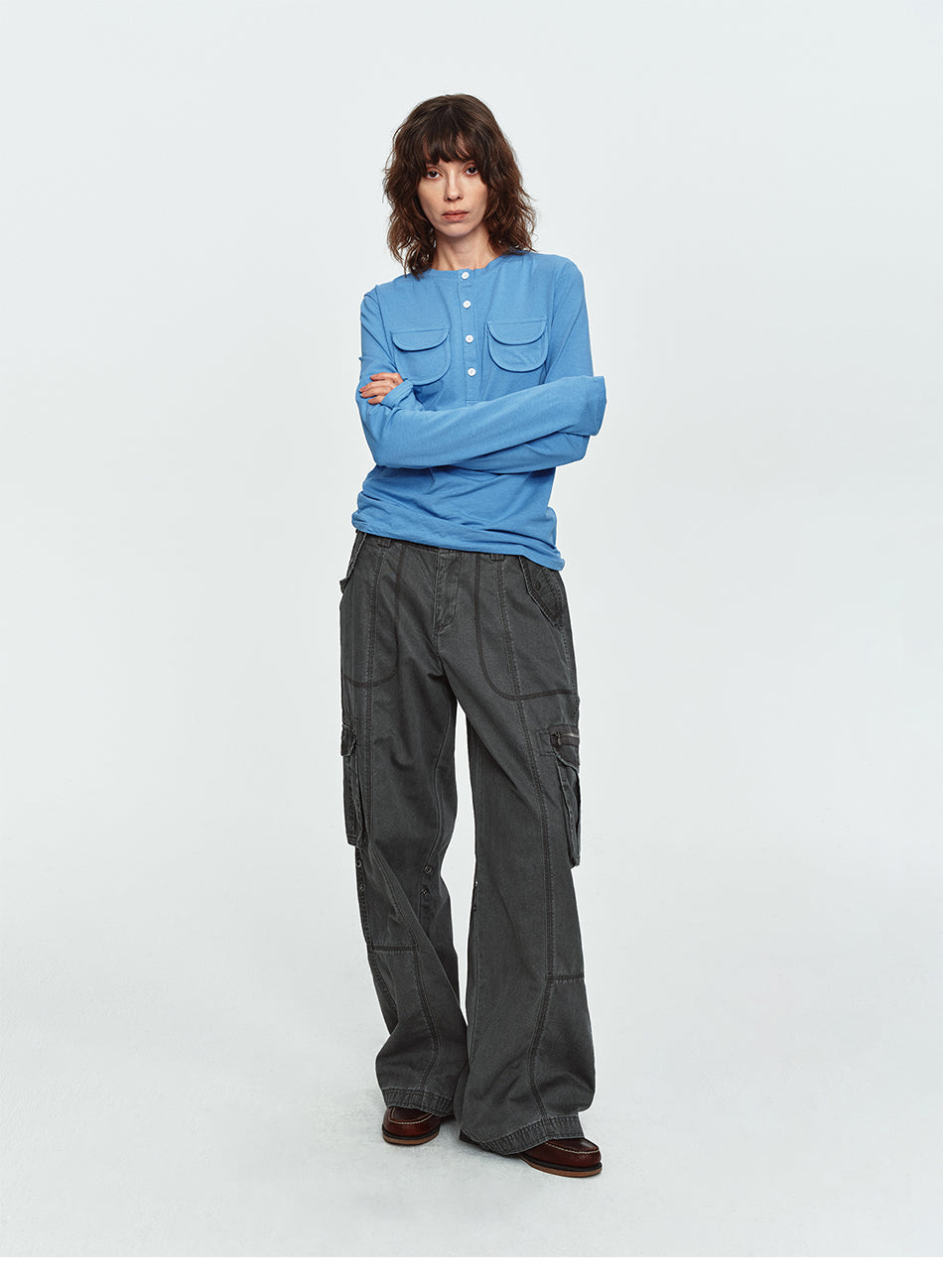 MADWITCH WASHED CONTRAST-STITCH WIDE-LEG CARGO PANTS #GPC61110N