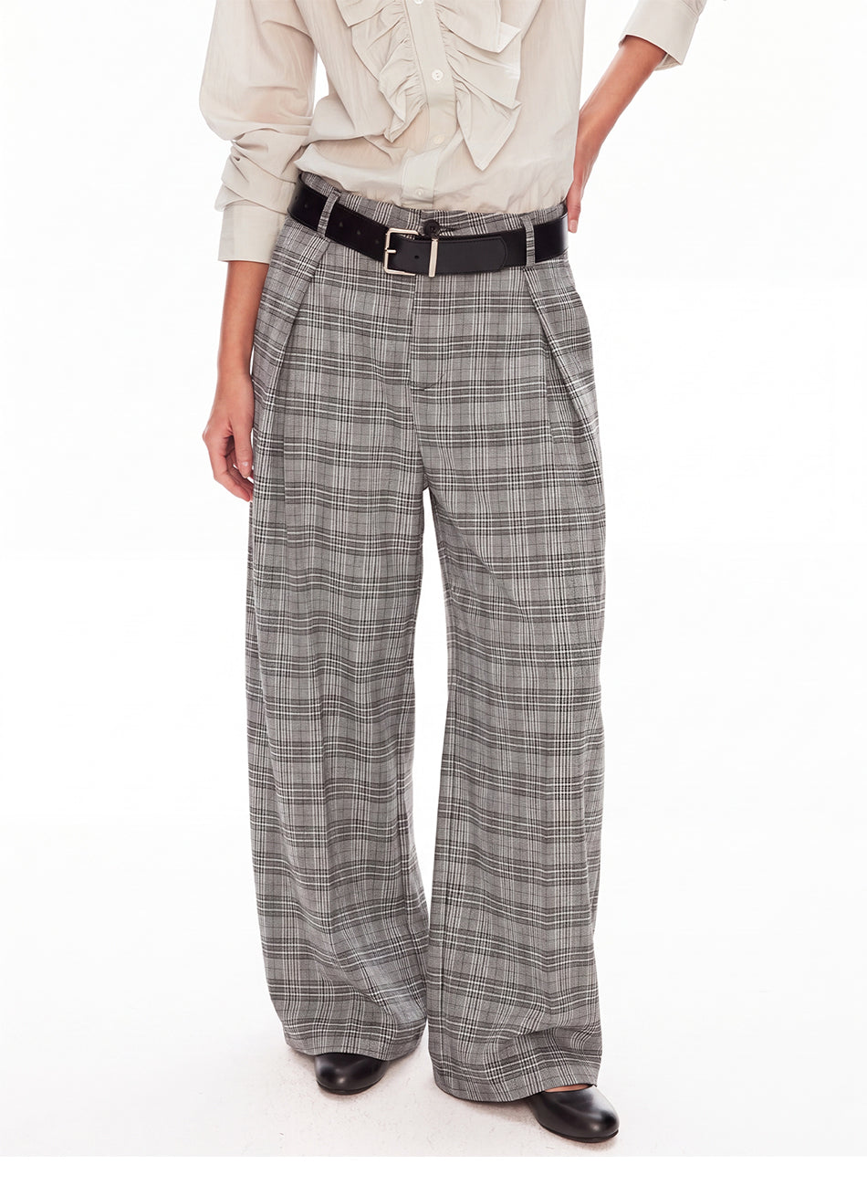 MADWITCH VINTAGE PLAID PLEATED WIDE-LEG TROUSERS #N2198