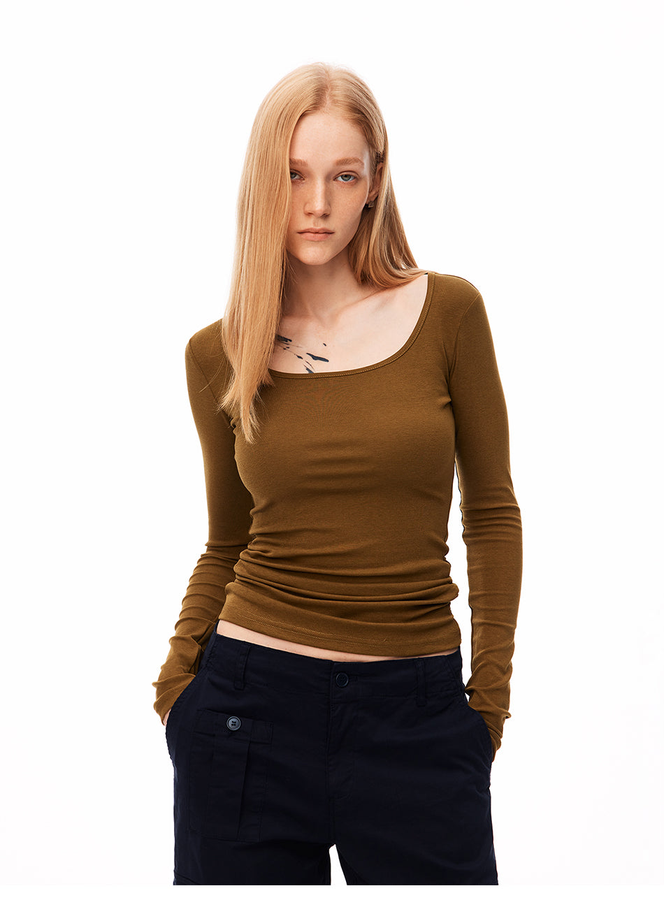 MADWITCH MINIMALIST RUFFLED SQUARE-NECK LONG-SLEEVE T-SHIRT #L99893