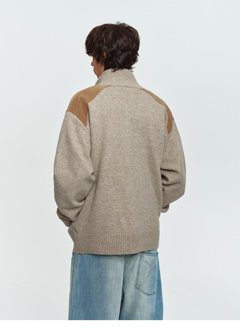 MADWITCH FAUX-SUEDE PANEL STAND-COLLAR KNIT CARDIGAN #991523