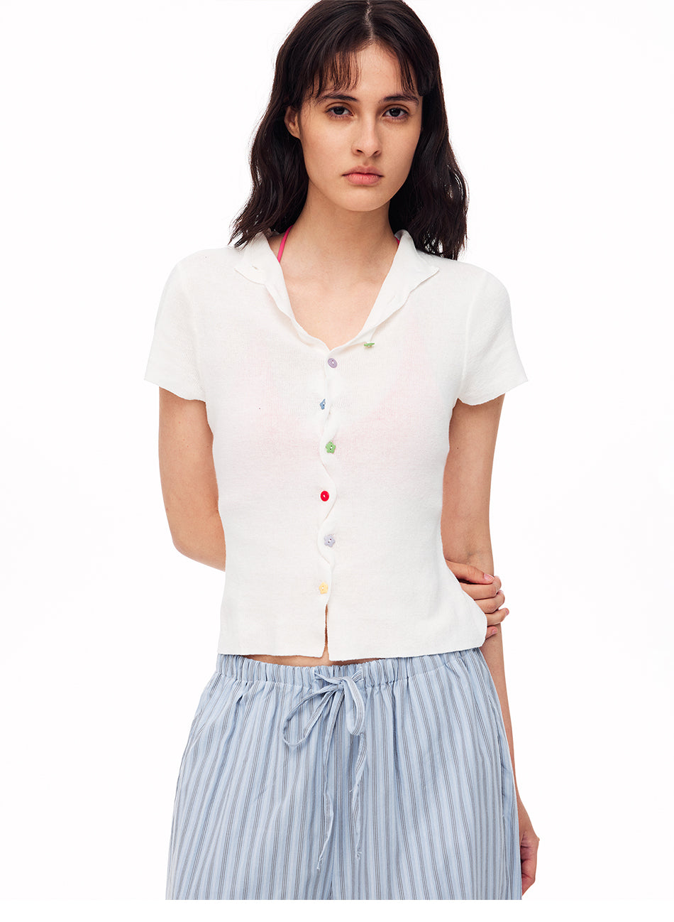 MADWITCH SCALLOPED PLACKET FLORAL BUTTON KNIT TEE #TX458