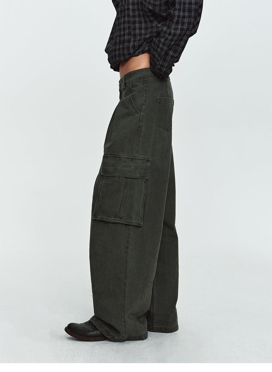 MADWITCH PLEATED WASHED CARGO WIDE-LEG TROUSERS #7621