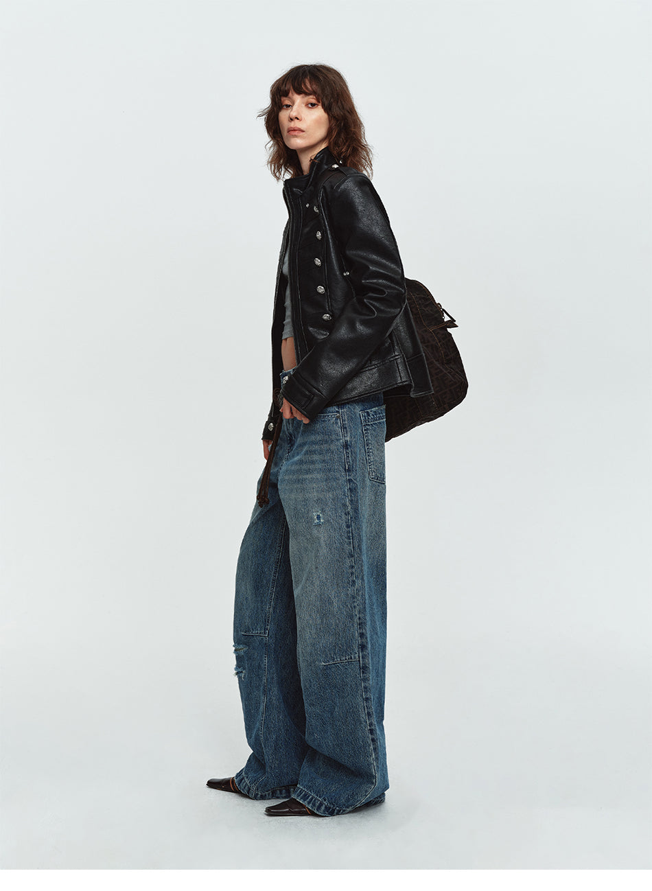 MADWITCH CONTRAST-STITCH WAXED-BLACK WIDE-LEG JEANS #GPC9859