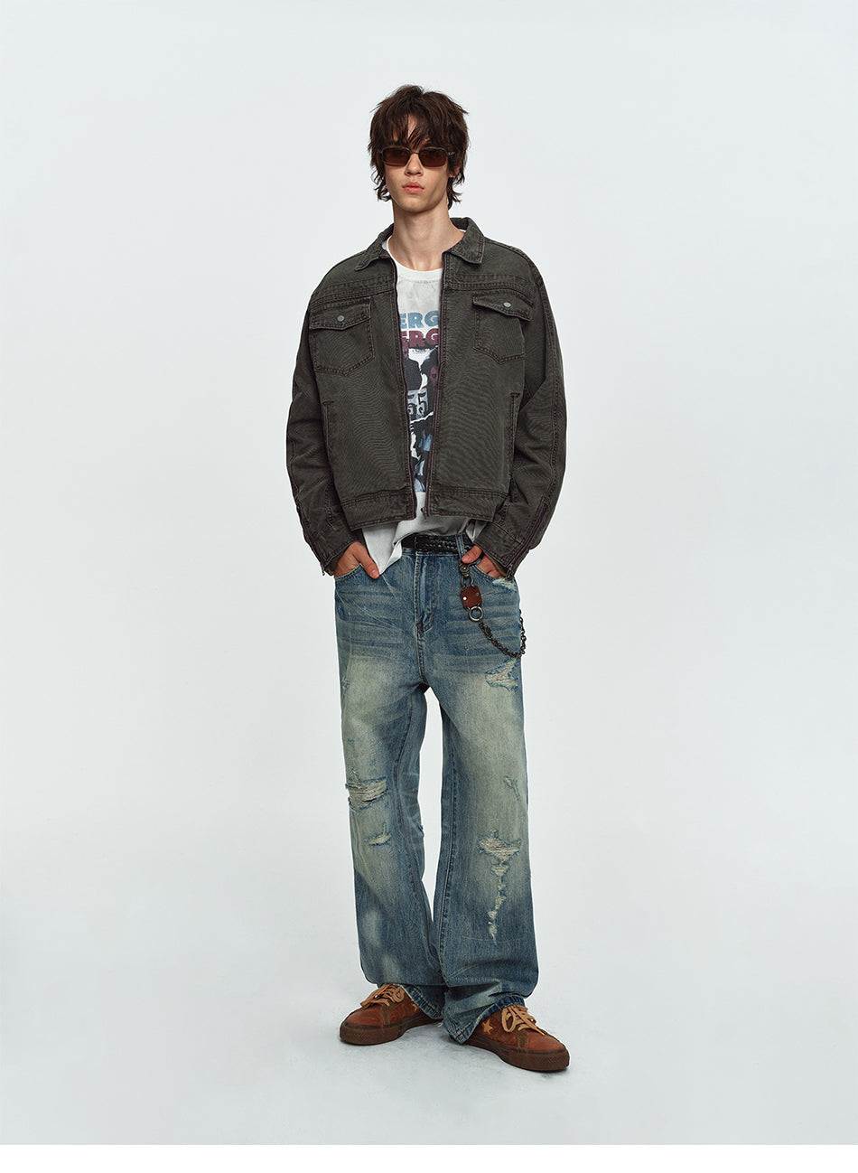 MADWITCH WASHED DISTRESSED COLLARED CROPPED DENIM JACKET #DY3016