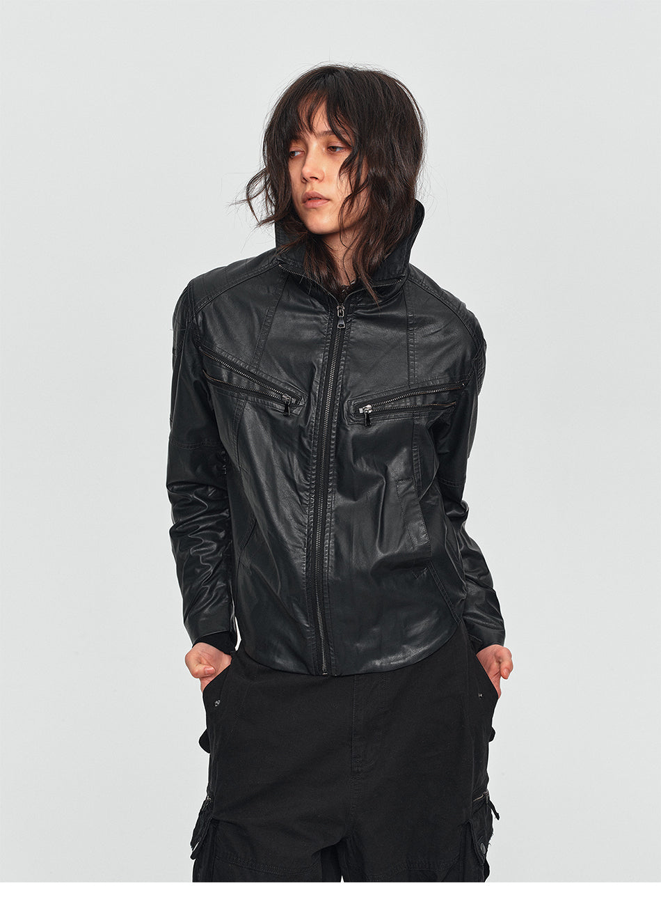 MADWITCH DISTRESSED MULTI-ZIP STAND-COLLAR LEATHER MOTO JACKET #251623