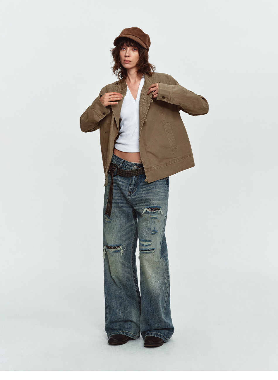 MADWITCH ASYMMETRIC WASHED STAND-COLLAR JACKET #N610