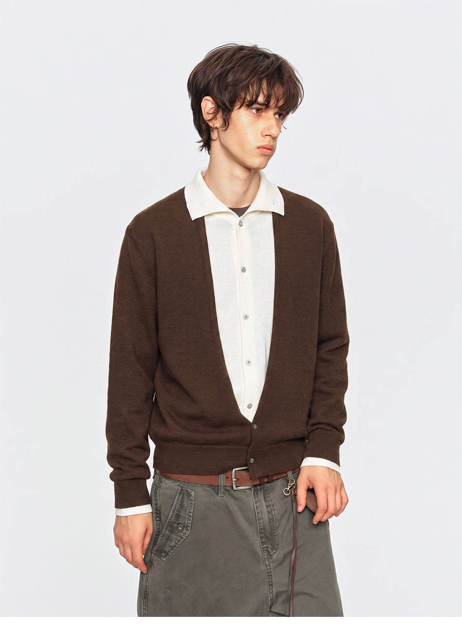 MADWITCH LAYERED SHIRT-COLLAR CONTRAST-PLACKET KNIT CARDIGAN #UTU085