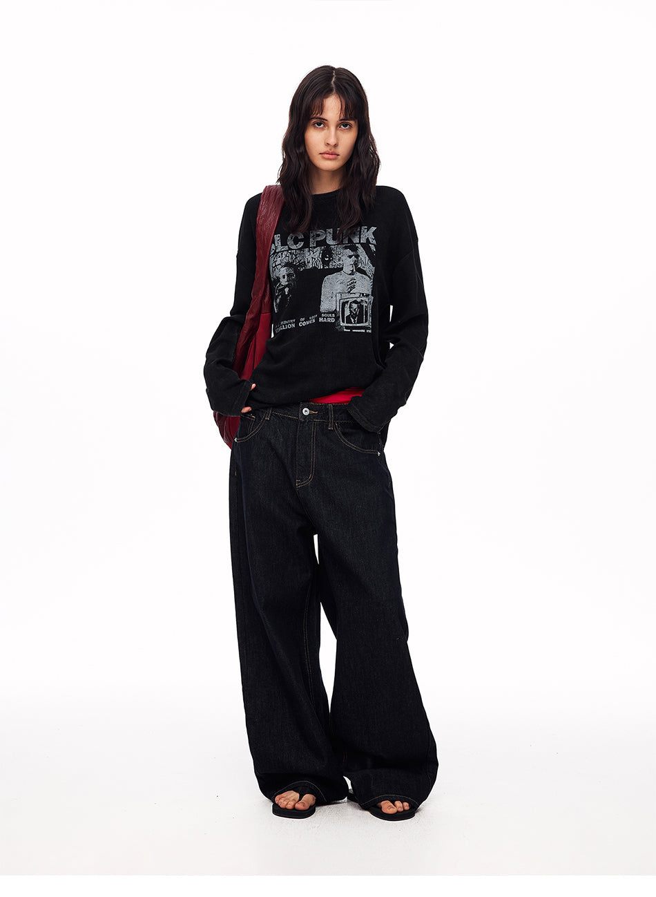 MADWITCH EMBROIDERED BACK-WAIST WIDE-LEG JEANS #WHOA158