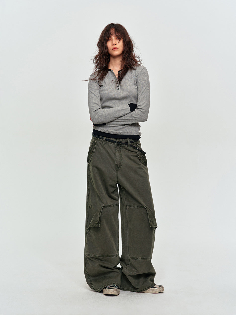MADWITCH WASHED PANELED WIDE-LEG CARGO PANTS #DR9621