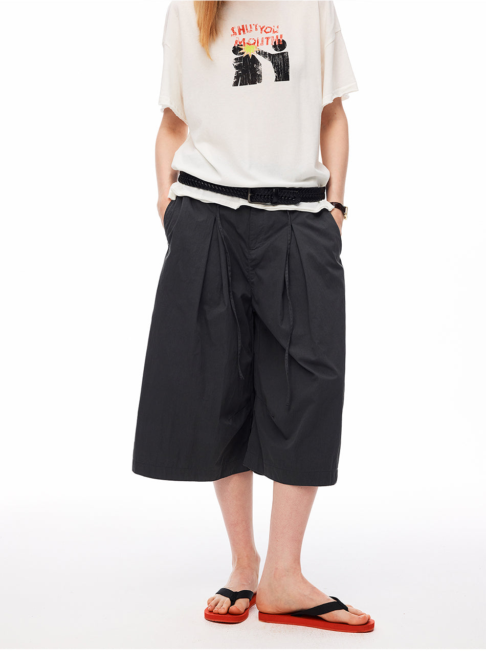 MADWITCH PLEATED DRAWSTRING DROPPED WIDE-LEG CAPRI PANTS #CK279D