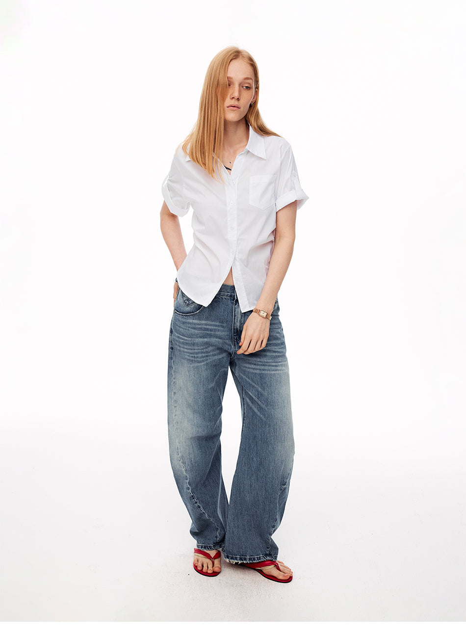 MADWITCH RUFFLED WAIST SINGLE POCKET SHORT SLEEVE SHIRT #G26472