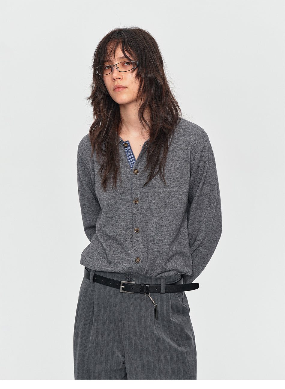 MADWITCH CONTRAST-PLACKET PLAID WOOL-BLEND CARDIGAN #11888