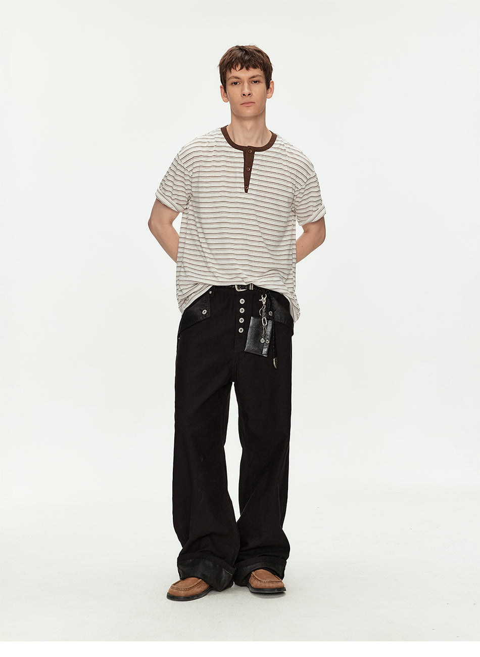 MADWITCH LINEN HENLEY STRIPE TEE #991382