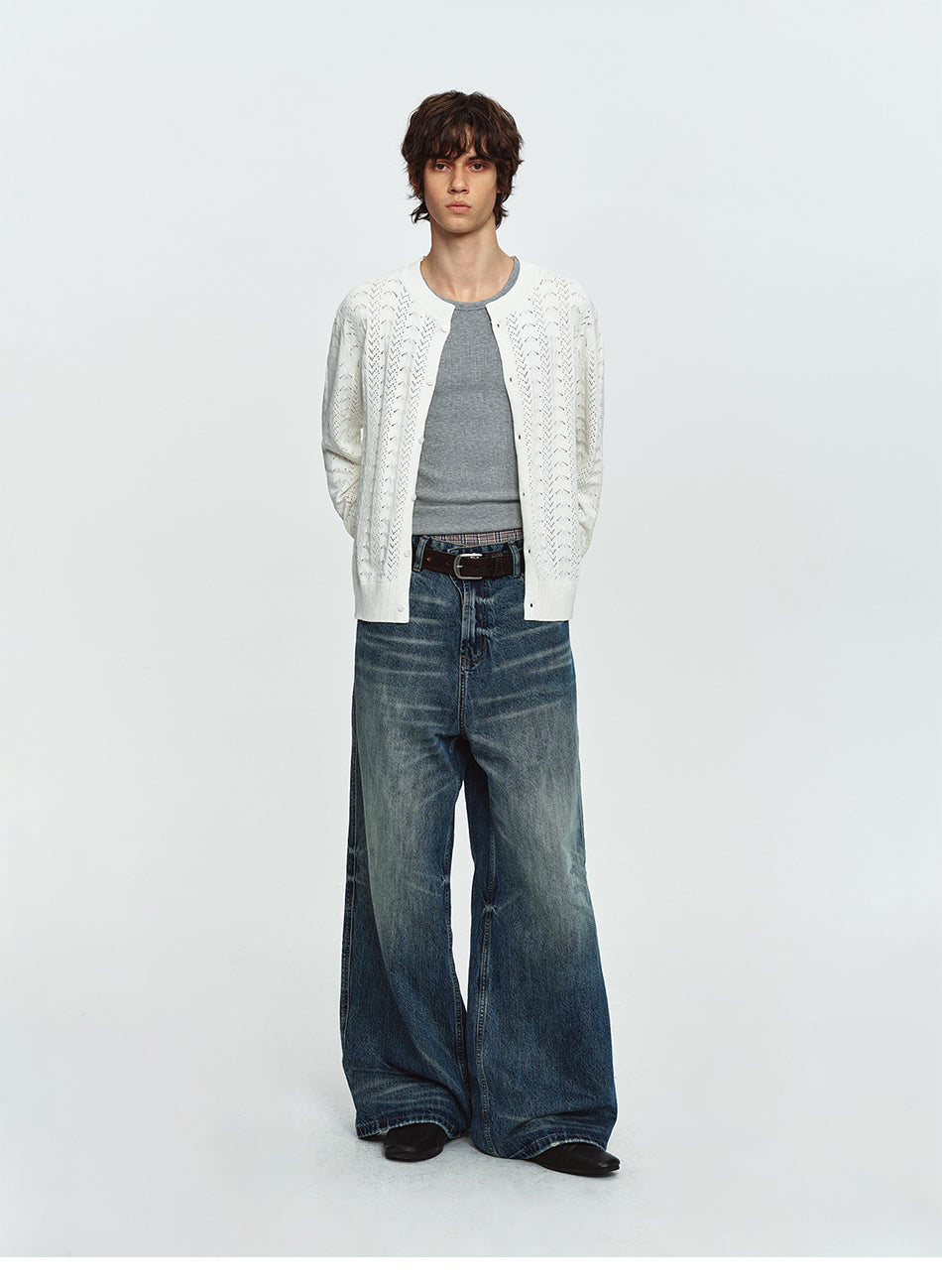 MADWITCH OPEN-KNIT JACQUARD RELAXED CARDIGAN SWEATER #MY527