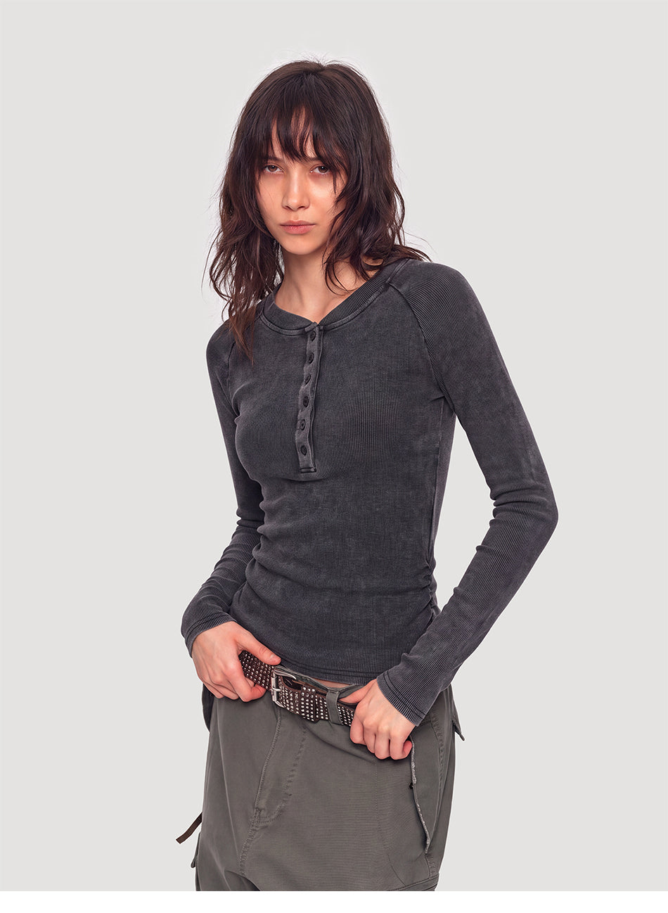 MADWITCH WASHED RUCHED CROPPED HENLEY #G2026125
