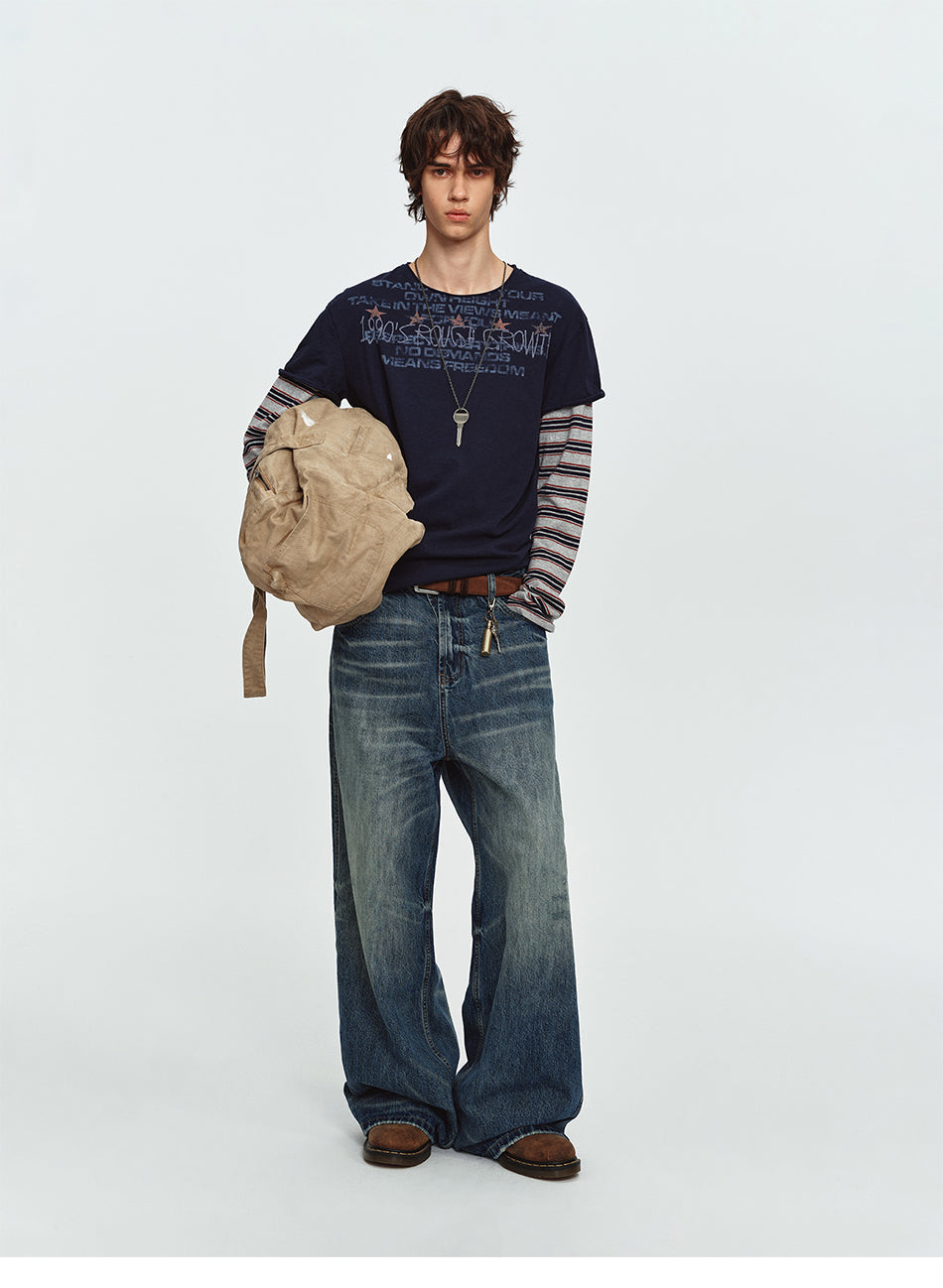 MADWITCH STRIPED-LAYERED LETTER-PRINT LONG-SLEEVE T-SHIRT #TC186