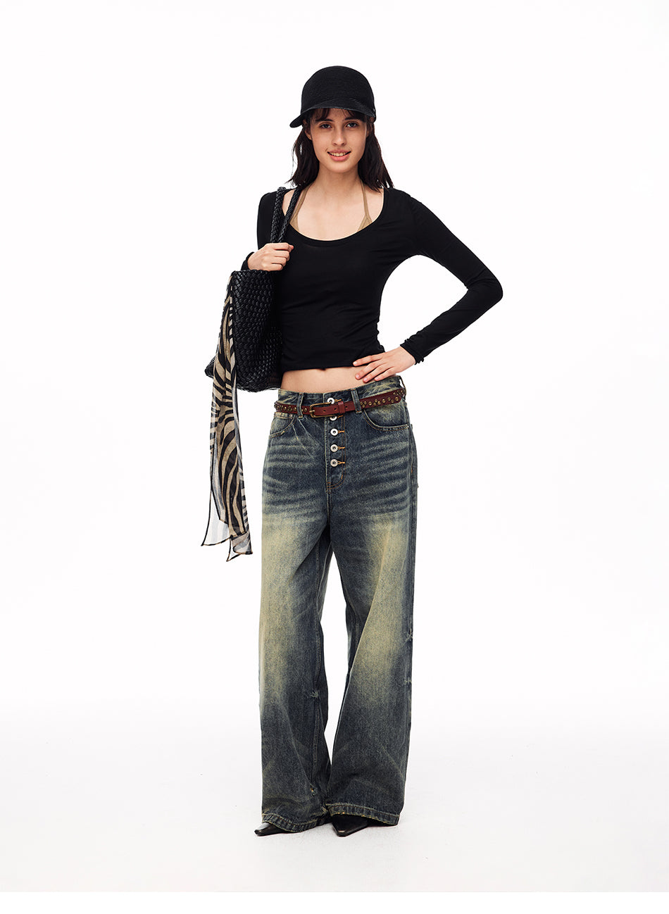 MADWITCH BUTTON-FLY DISTRESSED WIDE-LEG JEANS #DR8218