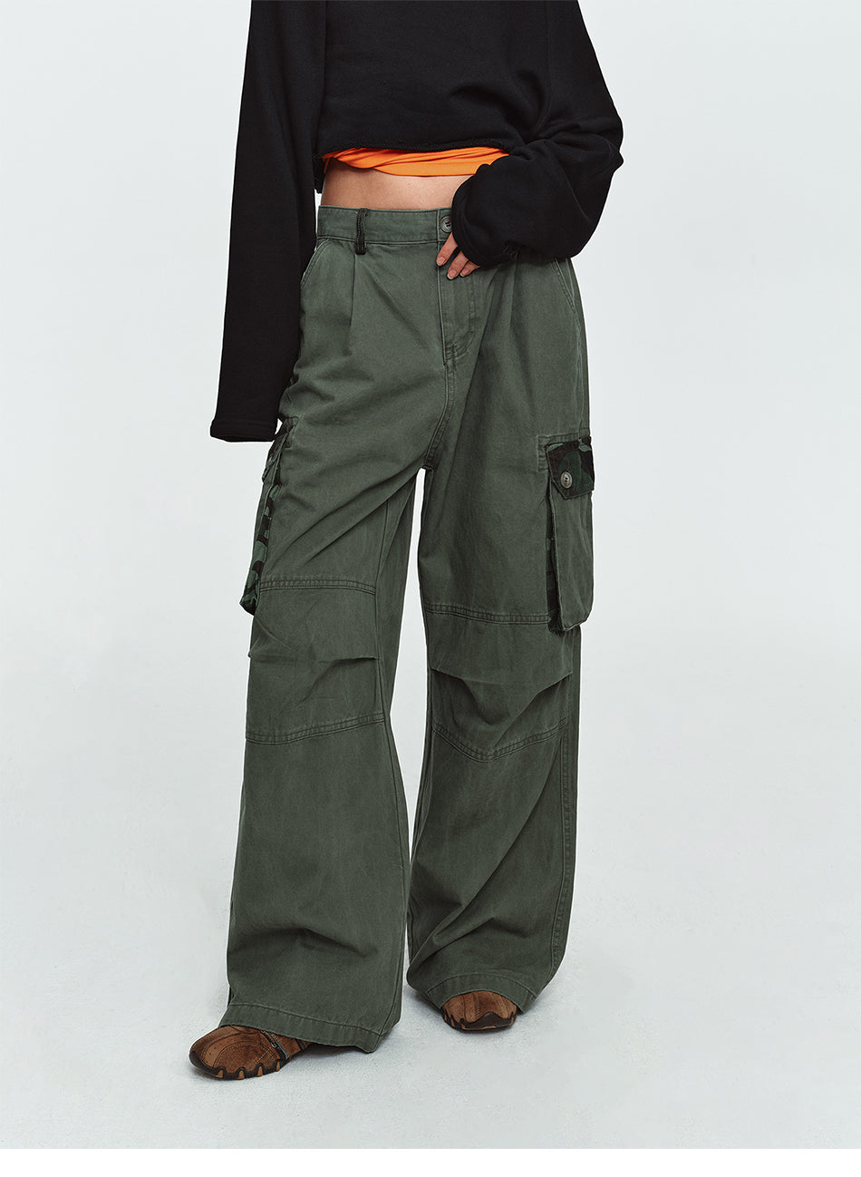 MADWITCH PLEATED CAMO-PATCHWORK WASHED CARGO PANTS #6851