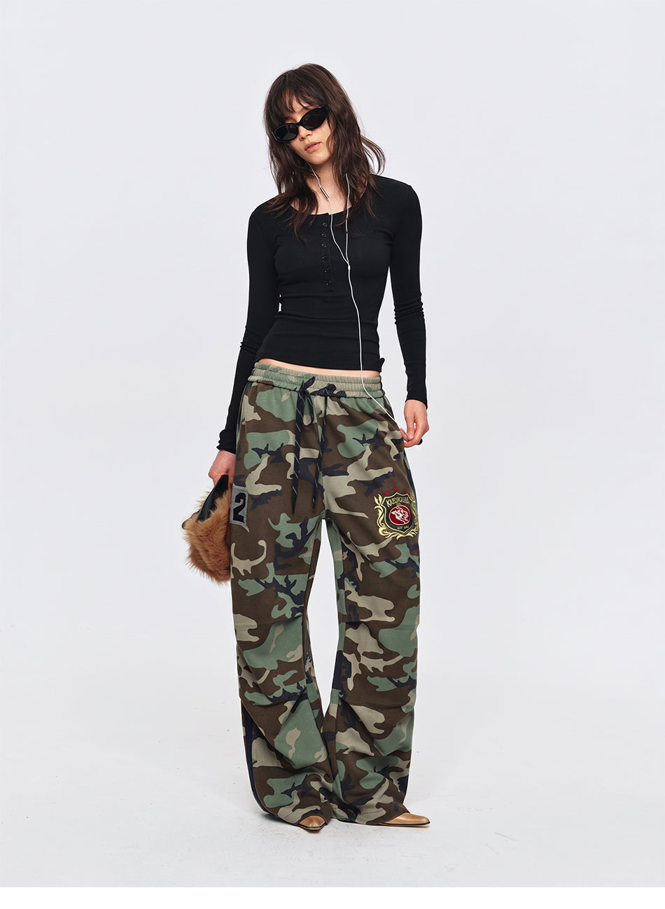 MADWITCH EMBROIDERED SIDE-STRIPE CAMO WIDE-LEG PANTS #CK61091