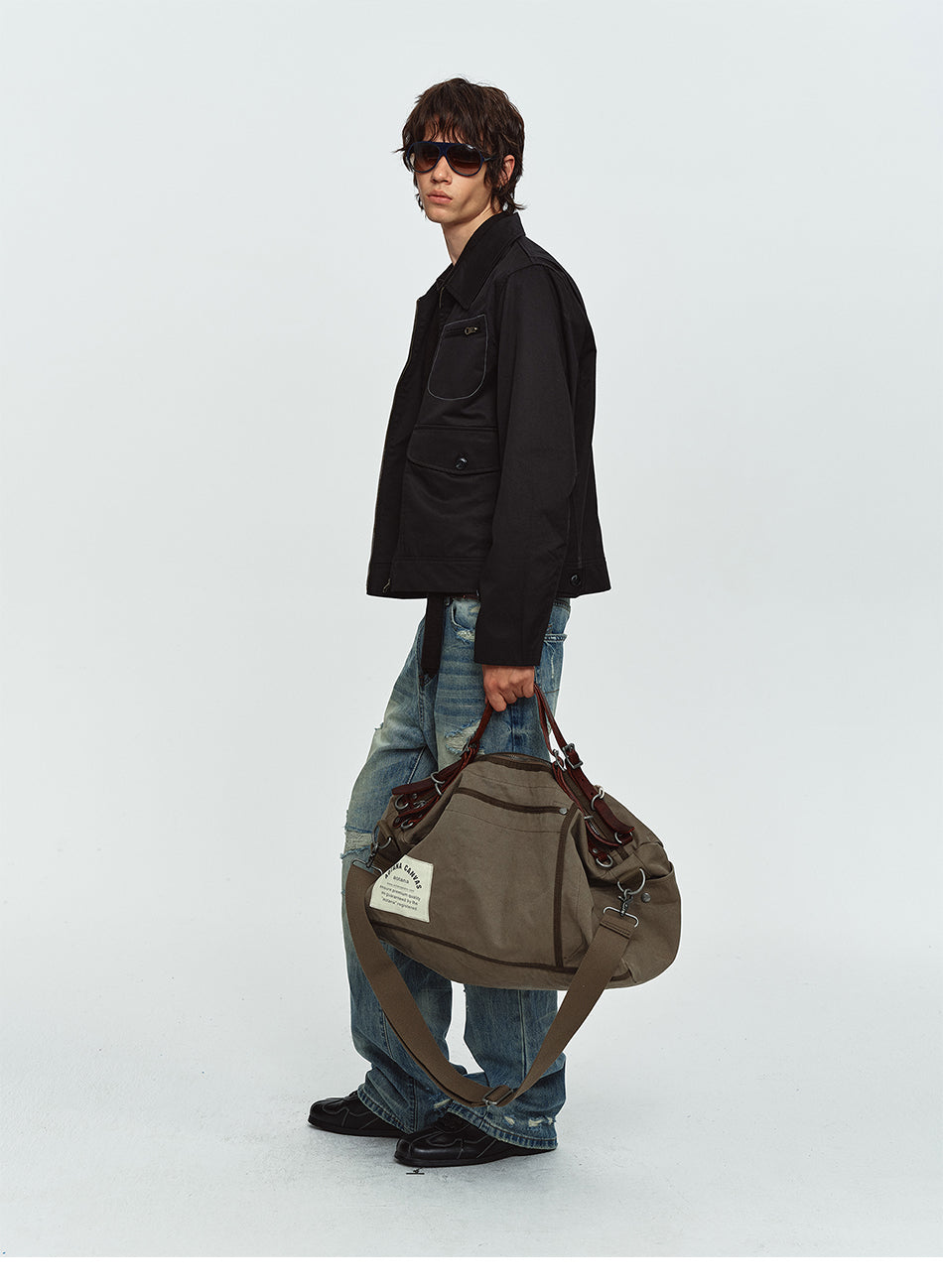 MADWITCH CONTRAST-STITCH MULTI-POCKET COLLARED UTILITY JACKET #GPCW1379