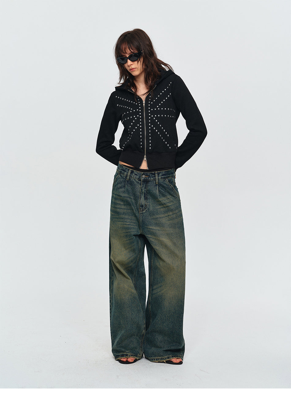 MADWITCH DOUBLE-PLEATED WASHED WIDE-LEG JEANS #CK9853
