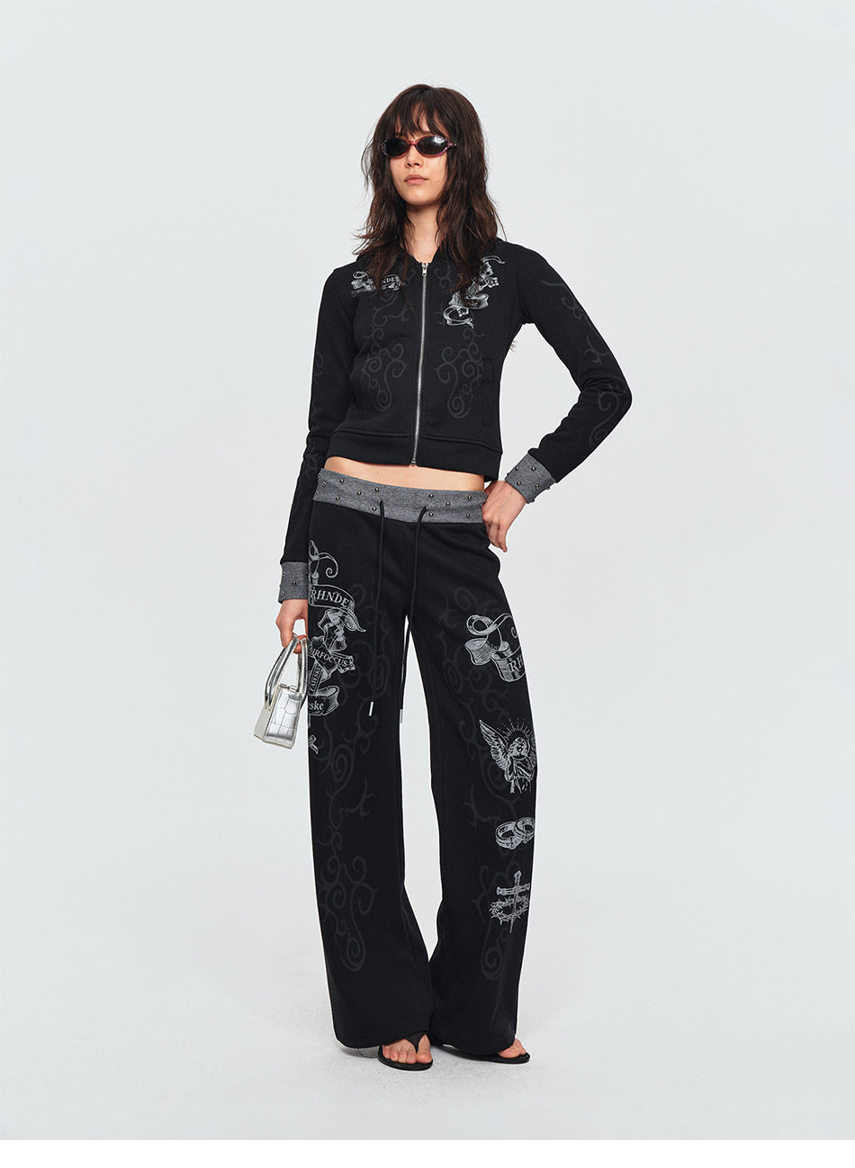 MADWITCH STUDDED SCROLL-PRINT HOODIE CARDIGAN #L2026544