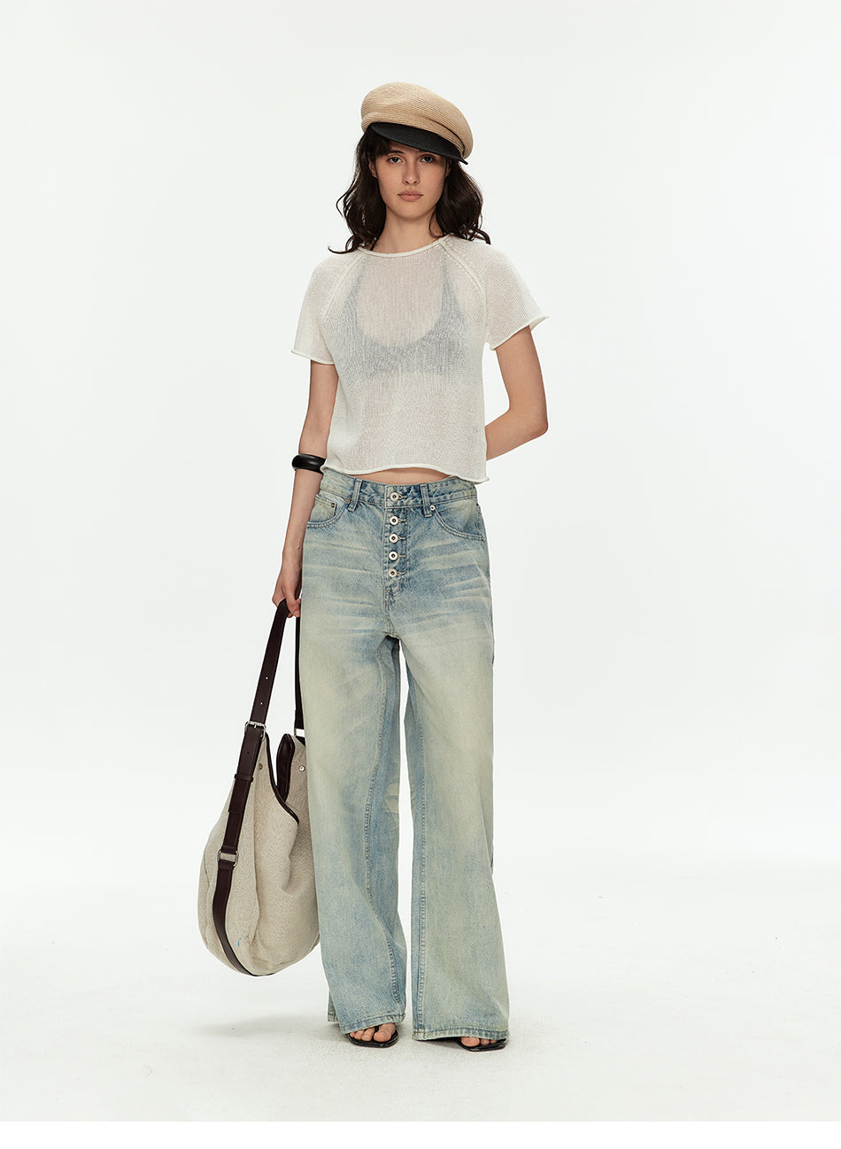 MADWITCH VINTAGE CURVED BUTTON WIDE JEANS #G60041