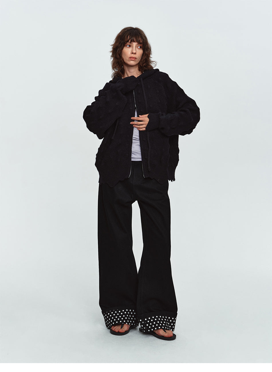 MADWITCH POLKA-DOT PATCHWORK CUFFED WIDE-LEG JEANS #G60087