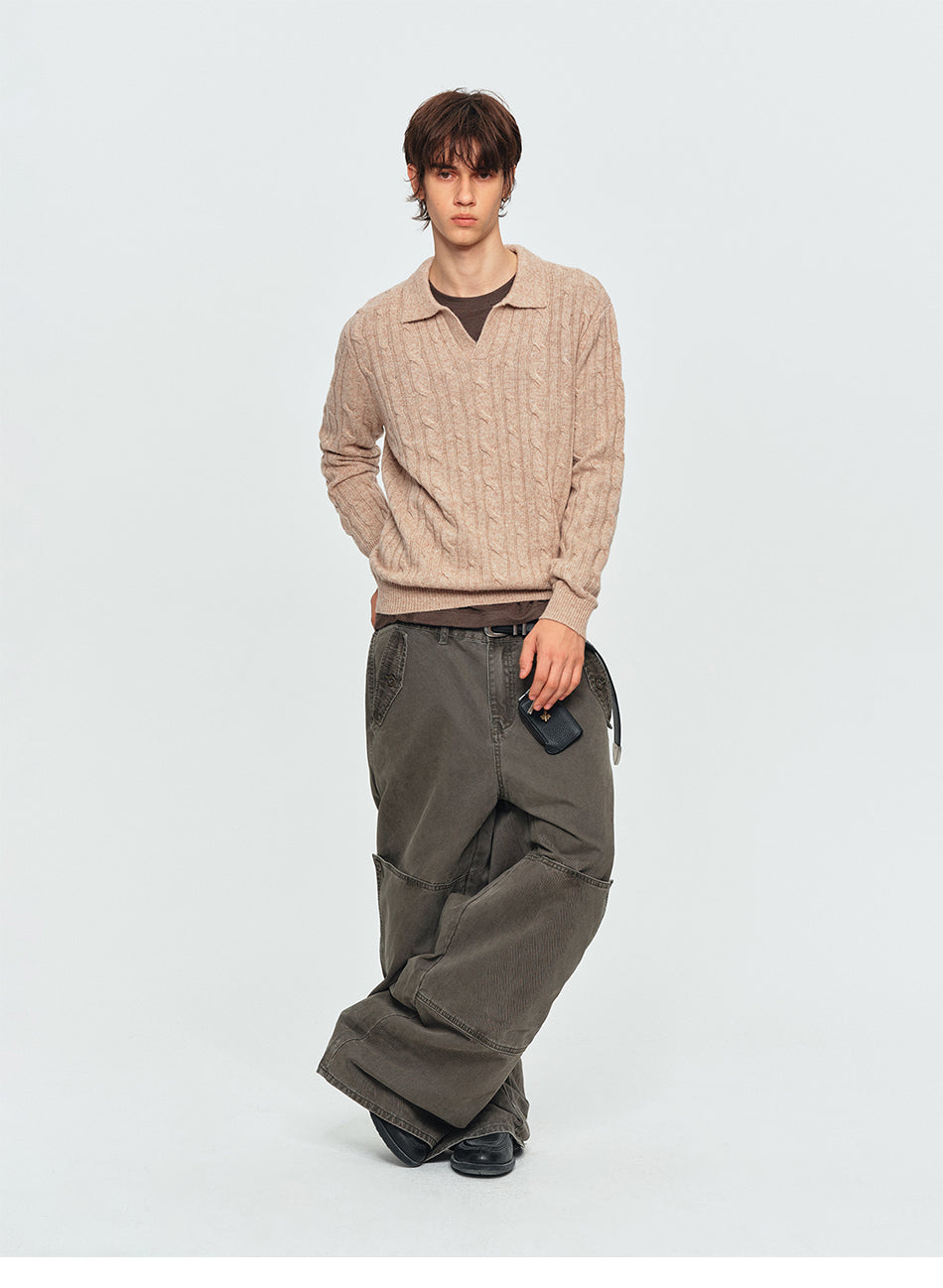 MADWITCH TEXTURED CABLE-KNIT WOOL-BLEND POLO SWEATER #11892